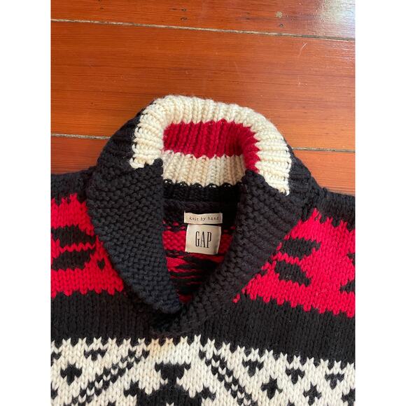 Vintage GAP Hand-Knit Wool Sweater Red Black Cream Geometric Nordic Pullover - Picture 7 of 13